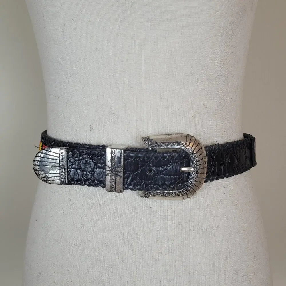 Gammon Shire Belt Med Black‎ Leather Multicolor Beaded Western Boho Southwestern